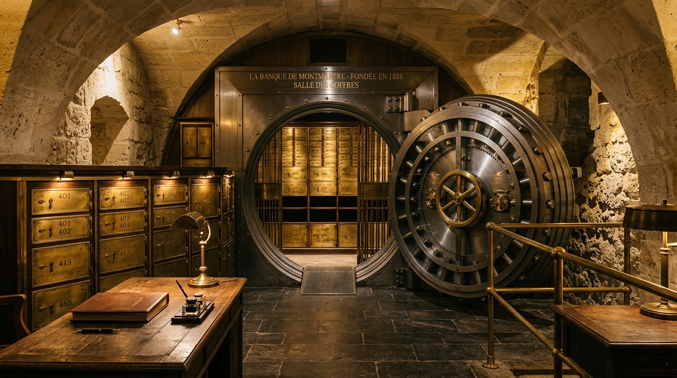 La salle des coffres d'origine préservée au sous-sol du 14 rue Damrémont, Agence Principale Paris Montmartre